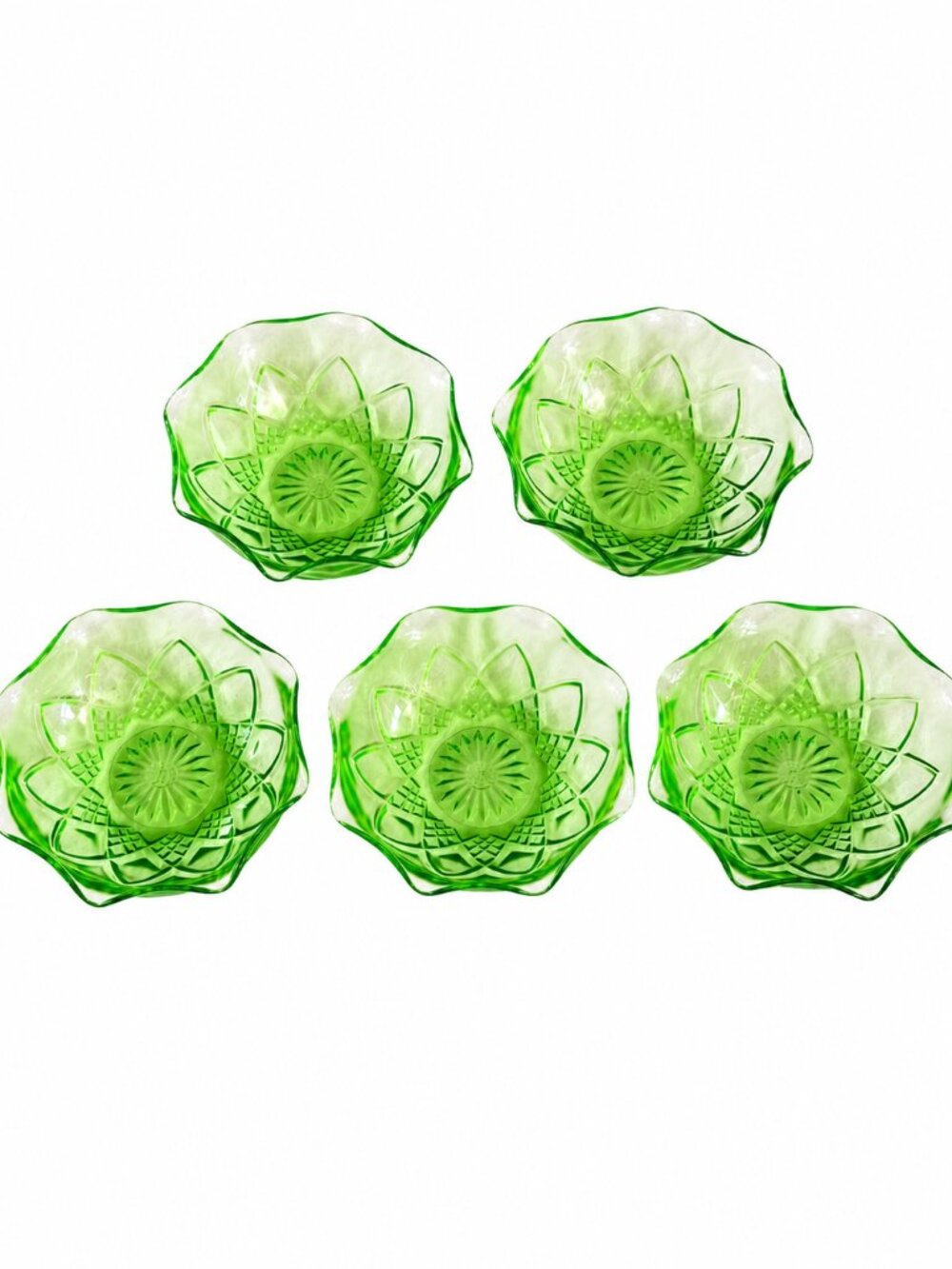 5 Vintage Hazel Atlas Diamond Arches Uranium Green Glass Dessert Bowls Set glow - Picture 6 of 7